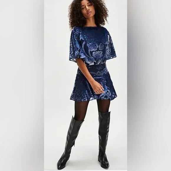 Free People Manuka Burnout Velvet Mini Dress - Navy Combo NWOT Size S