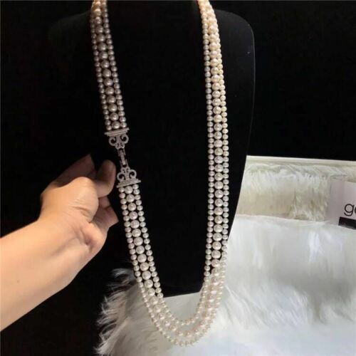 Three-strands Natural AAA 4-5mm &8-7mm Akoya White Pearl Necklace 22-24" S925 - Picture 6 of 6