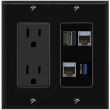 2 CAT7 HD USB-3 Port Wall Plate Black w Power Outlet