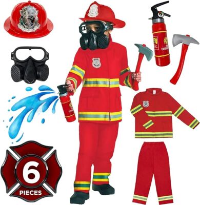 Rot Feuerwehr Kostüm Kinder Jungen Feuerwehrmann Faschingkostüm mit Zubehör S-L