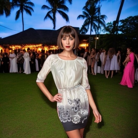 Womens Dress BGN Off White Grey Silver Floral Print Silk Dress Long Sleeve Dress