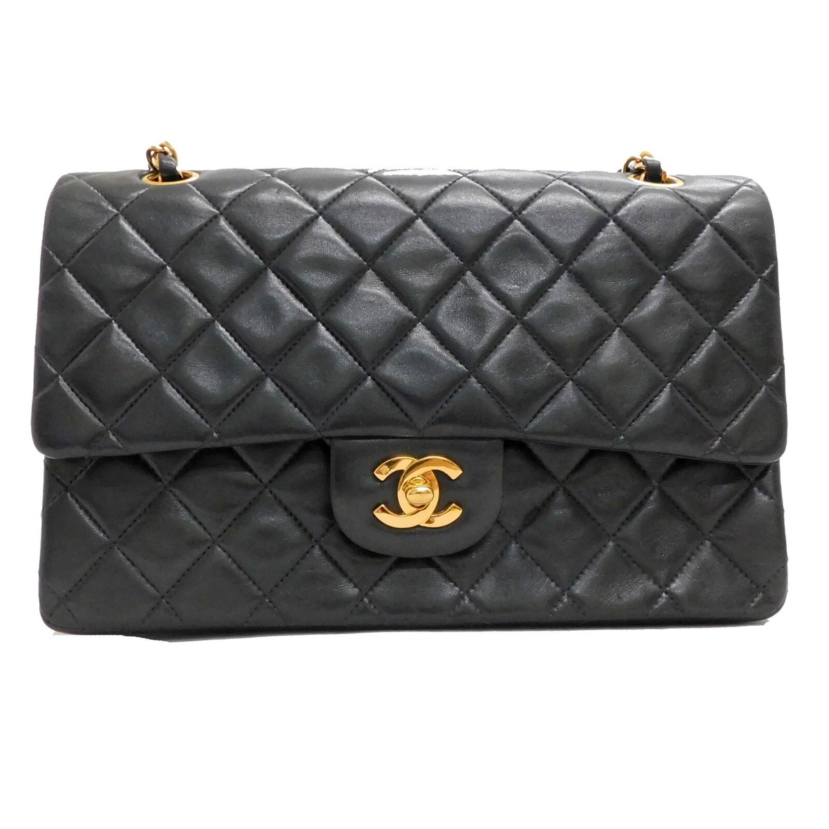 CHANEL Lamb Skin Black Double Flap 25 Medium Chain Shoulder Bag
