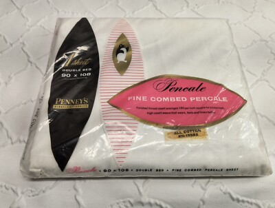 Vintage NOS Penney s Double Flat Sheet All Cotton Percale White 