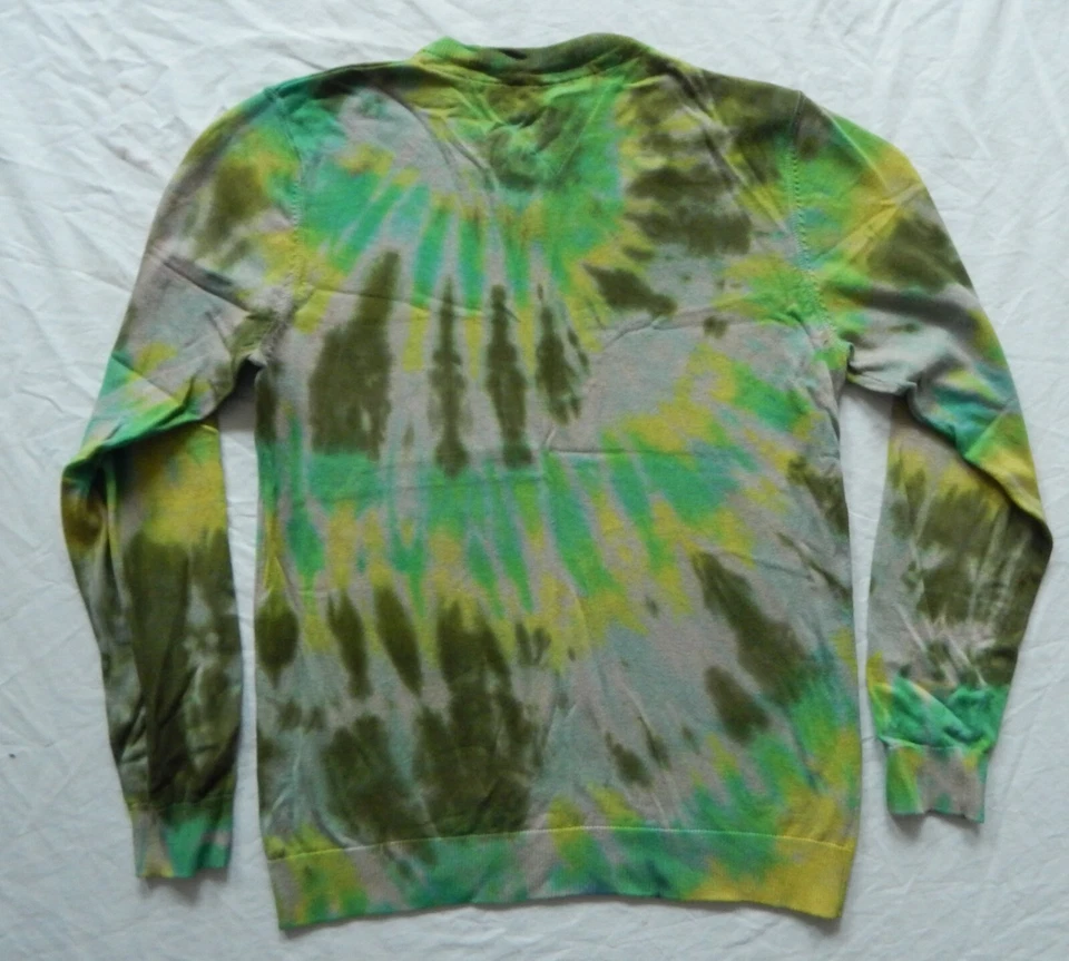 Tie Dye Green Black V-Neck Pullover Sweater - Medium Mens Hand Made Cotton - Image 2 of 4