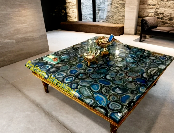 Blue Agate table top, Handmade Dining table, Home decor Furniture, Coffee table