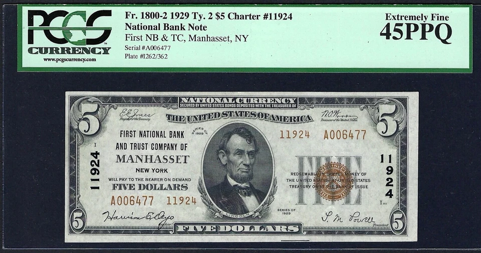 🇺🇸NY 1929 $5 TYPE-2  ♚♚MANHASSET,NEW YORK♚♚  PCGS EX FINE 45 PPQ  RARE NOTE!!! - Image 2 of 3