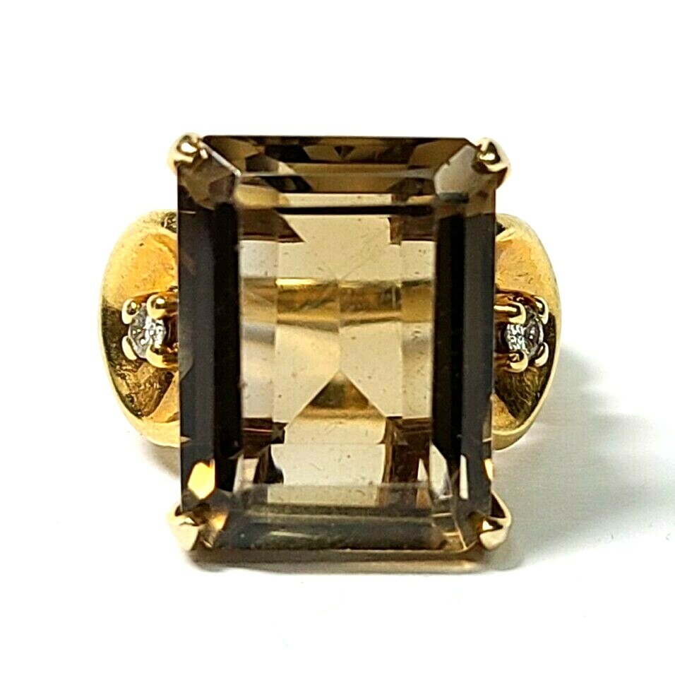 Huge 12 Carat Smokey Quartz and Diamond Yellow Gold Ring Size