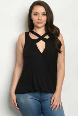 Womens Plus Size Black Sleeveless Top 0X XL Criss Cross Neckline 