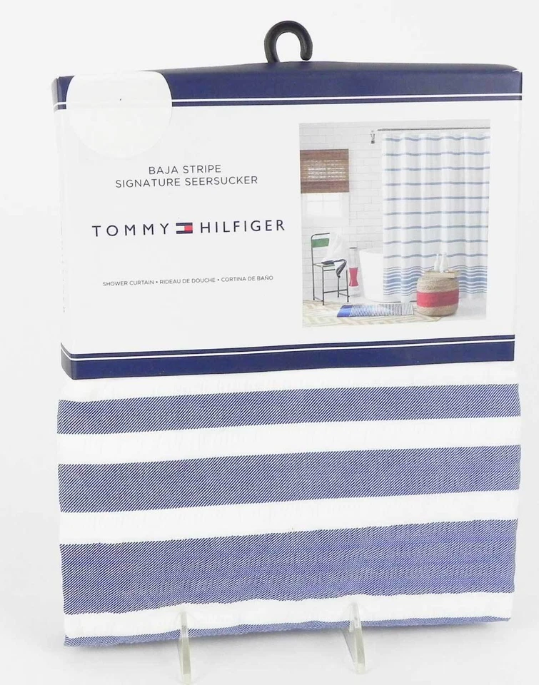 Tommy Hilfiger Baja Cortina de Ducha a Rayas Seersucker Blanco y Azul Marino 72 x 72 Foto 2 de 3