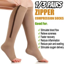 3 Pair Zippered Compression Socks Open Toe 30-40mmHg with Zipper Safe Protection