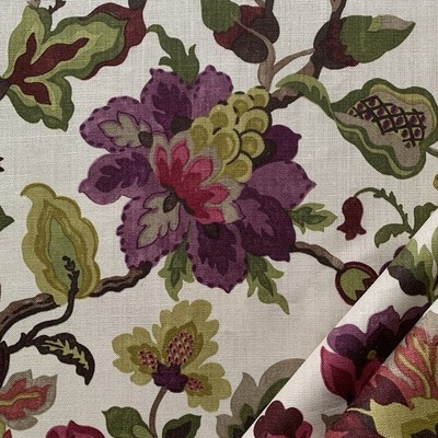 Sanderson Gardinenstoff AMANPURI ~ MAULBEERE/OLIV ~ 1,4m ~ 100% Leinen geblümt