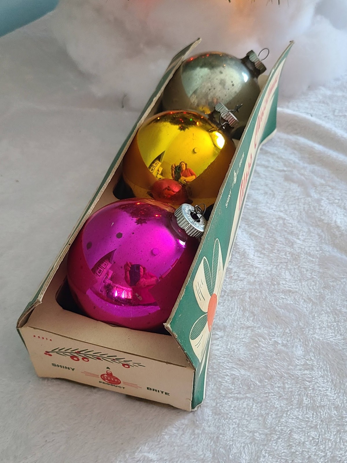 9 Vintage Shiny Brite Mercury Glass Ornaments in 3-Pack Sleeve / boxes 3.25"