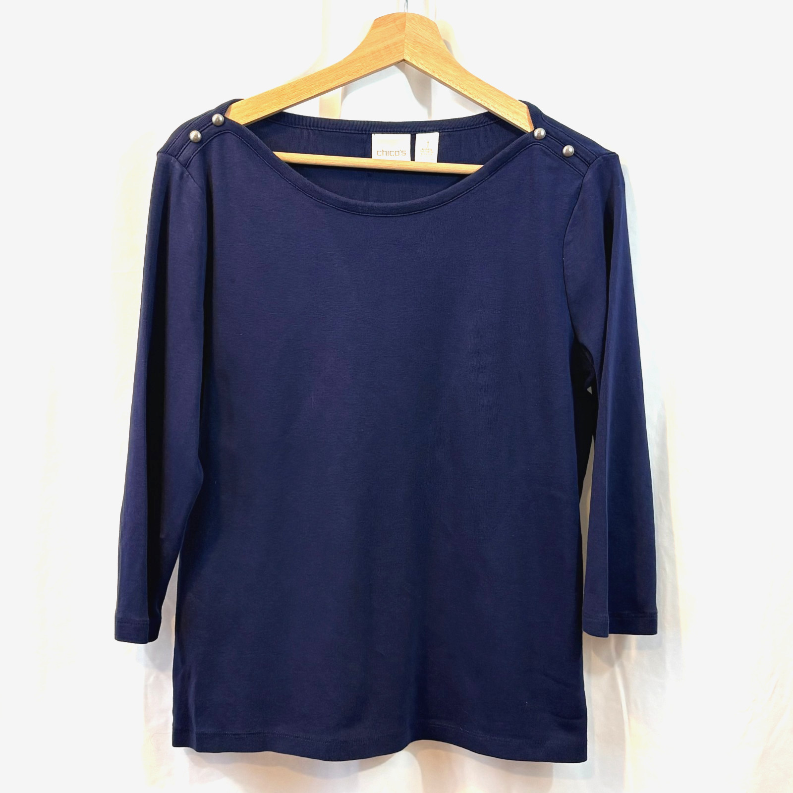 Chico's Navy-Blue Boat Neck Sweater, Silver Button Accent, 3/4 Sleeves, Size M