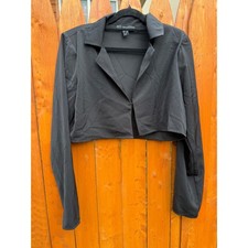 Black Cropped Blazer Jacket Long Sleeve Hook Eye Closure Notched Lapel Top