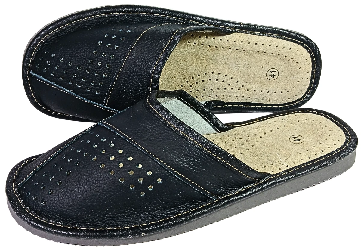 Herren Büffelleder Hausschuhe Schwarz Pantoffeln Latschen Gummisohle Gr. 41-47