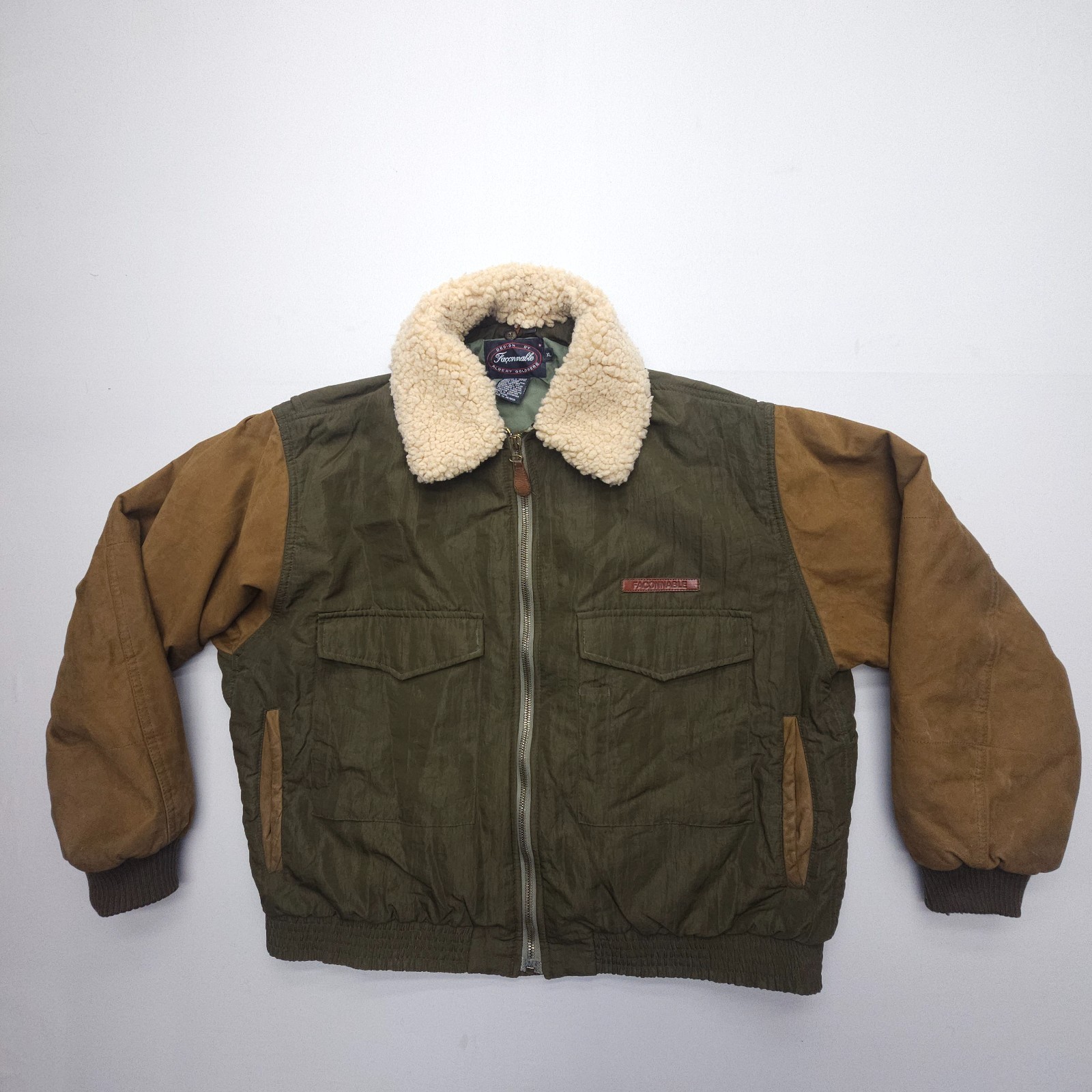 Vtg Faconnable Albert Goldberg Flight Jacket Mens XL Shearling Wool Collar Suede