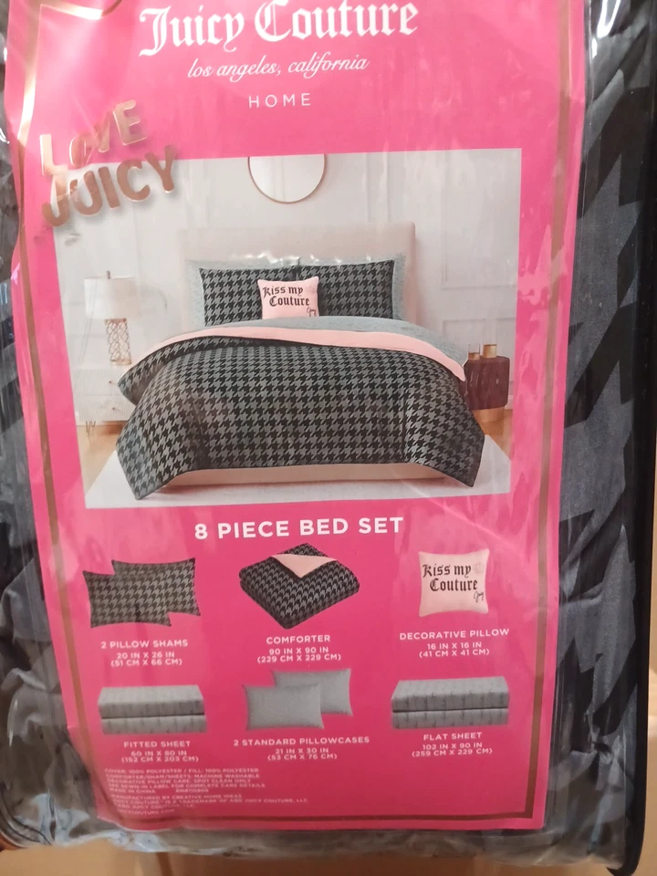 Juicy Couture Grey "Kiss My Couture" 8pc QUEEN Set Comforter,Shams,Pillow,Sheets - Image 3 of 4