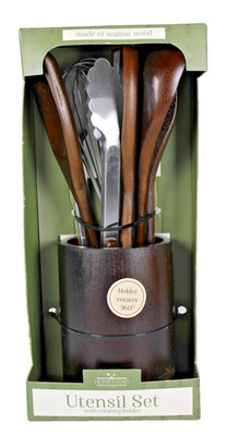7-piece Walnut Wooden Kitchen Utensil Set - Includes a rotating holder