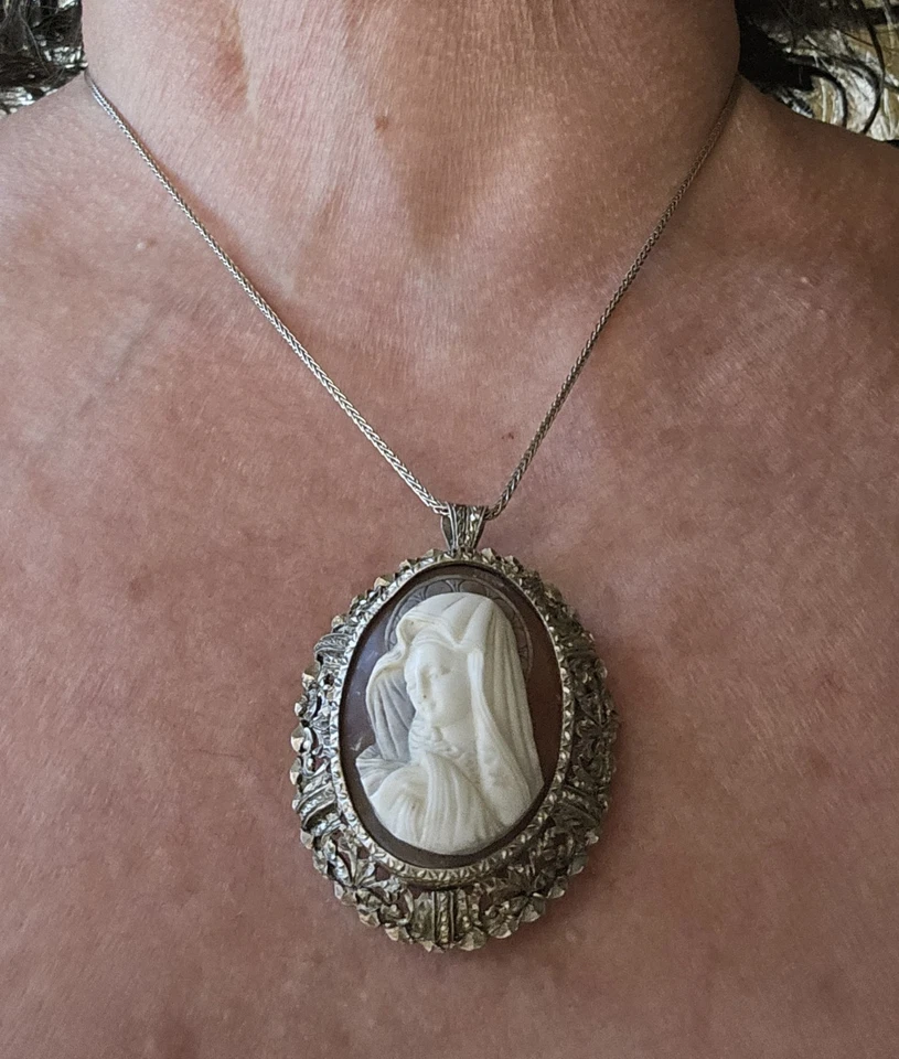 Spilla Ciondolo pendente antico cammeo Vergine Maria Madonna Argento 800 - Immagine 2 di 4