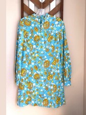VTG XS S Vintage Mandarin Collar 1960s Dress Long Sleeve Shift Aqua Blue Floral