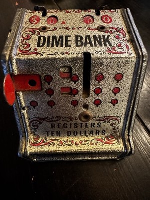 J Chein Tin Mechanical Locking Register Ten Dollars Dime Bank Miniature 2x2.5''