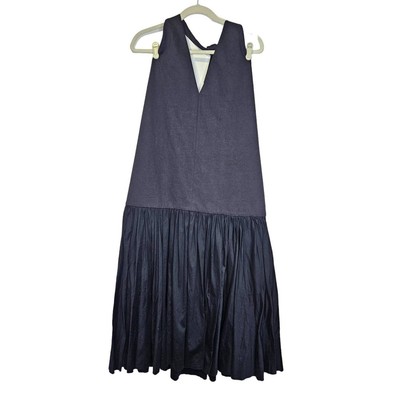 NEW TIBI 12 Punto Milano V-Neck Halter Open Back Midi Dress Drop Waist Navy Blue