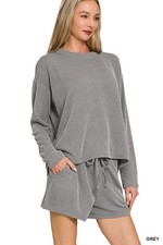 Zenana Women's Raised Rib Long Sleeve Tee  Shorts Set - Grey