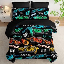 7Pcs Black Cartoon Sports Car Twin Comforter Set with Sheets Race Car Bedding...