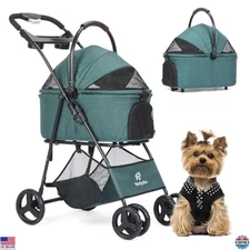 Deluxe Dark Green Pet Stroller - 4-Wheel Folding Cart for Medium & Small Pets