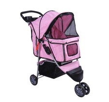 POUSSETTE POUR ANIMAUX, CHIEN, CHAT, 3 ROUES + FREINS, RANGEMENTS, COLORIS ROSE