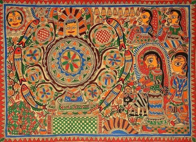 Decorative Madhubani Art Traditional Indian Unframe Canvas Painting, 24 X 16 in.