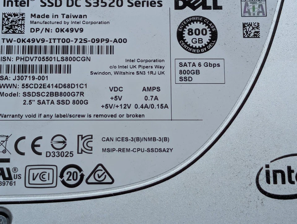 Dell K49V9 800GB 2.5" SATA Solid State Drive DC S3520 Series SSDSC2BB800G7R - Image 2 of 3