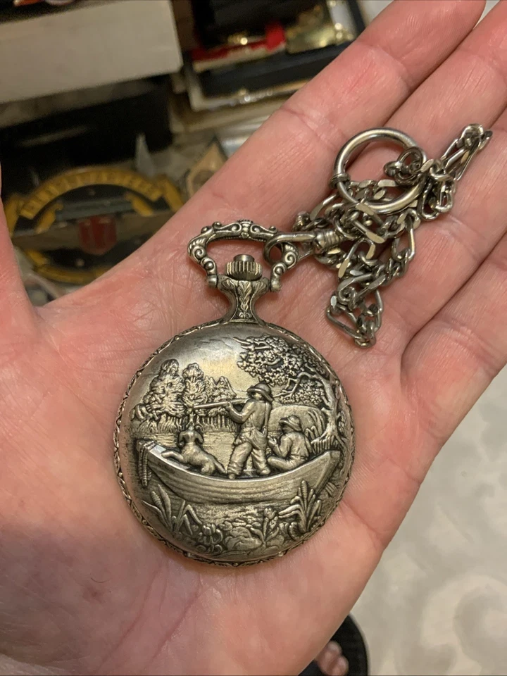Jean Marcel 17J Swiss Pocket Watch With Chain Hunting Scene Working  - Image 3 of 4
