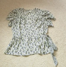 Womens Top-MAX STUDIO-ivory/blue/green floral silky faux wrap Cottagecore cap -L