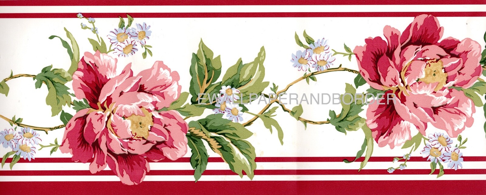 Waverly Floral Wallpaper Border Pink Red Vintage Rose Cabbage Flower,15 ...