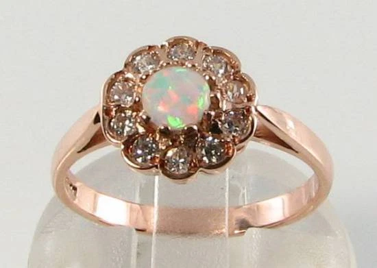 Anillo 9K 8CT Oro Rosa Ópalo Natural Redondo Cluster Halo Art Déco