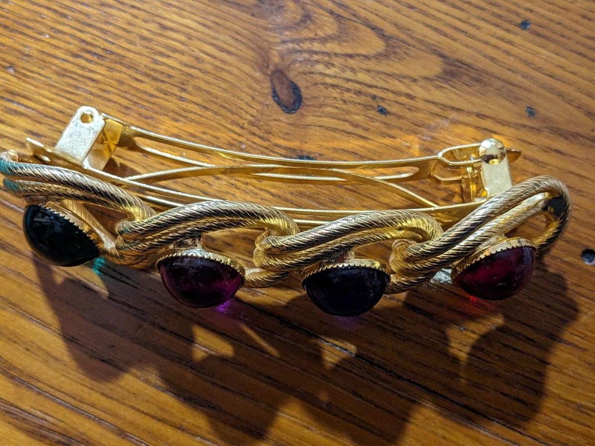 VTG Wahba France Barrette Twisted Rope Metal Mesh Gold Tone Hair Clasp Vtg Hair Clip Barrette Gold Tone Braided With Multicolor  main image 4