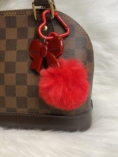 Red Bow Pom Pom Keychain Bag Charm Heart Clip Gift Handmade New