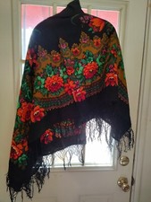 Vintage Eastern European Wool Shawl With 6" Fringe 60" by 60's floral on black.