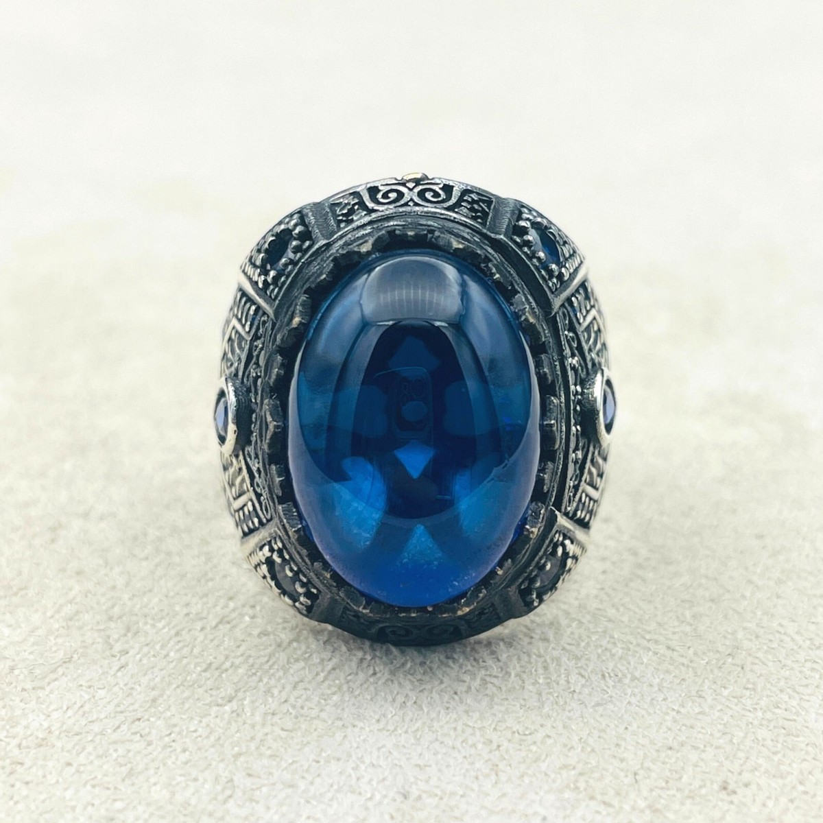 Men's Silver Ring, Blue Simulated Sapphire Stone Ring ,925K