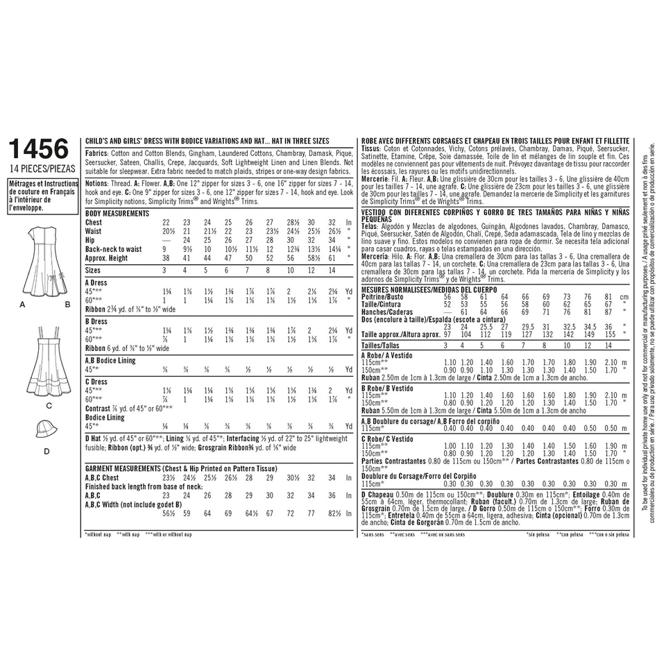 SIMPLICITY 1456 DRESS & HAT CHILD & GIRLS' Sewing Pattern Ages 3-6 & 7-14 - Image 2 of 4