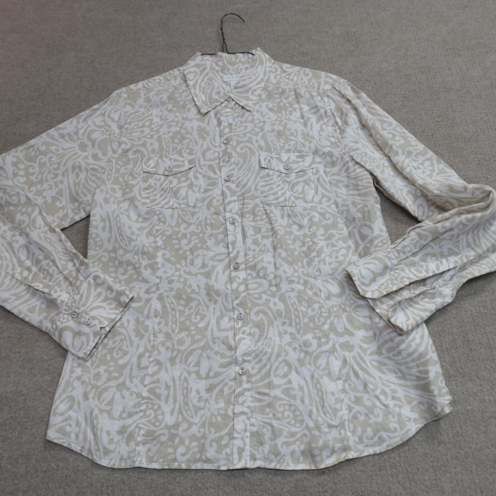 Charter Club Women's Shirt 16 Beige Paisley All Over 100% Linen Tab Sleeves