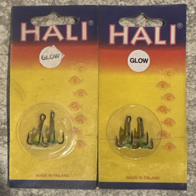 2 Packs Hali Glow Treble Hooks Ice Fishing #6 Green And Yellow
