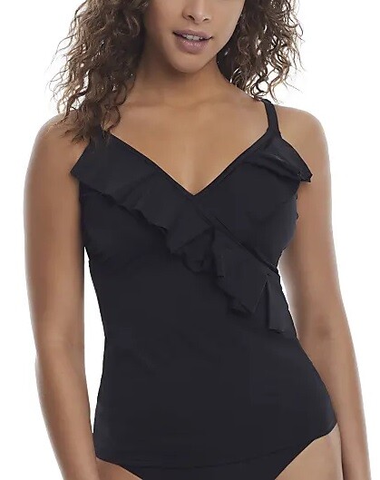 Pour Moi BLACK Space Ruffle Underwire Tankini Swim Top, US 38DDD/F, UK 38E