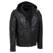 Men's New Motorcycle Black Slim Fit Genuine Leather Jacket with Removable Hood