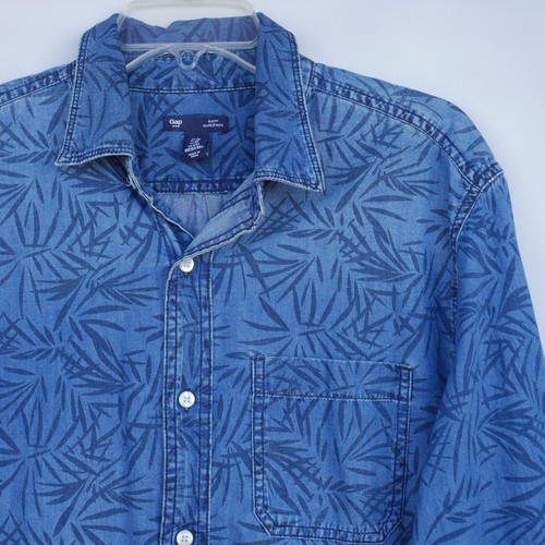 GAP Slim Mens M Fit Blue Palm Leaves Print Long Sleeve Cotton Shirt - Picture 2 of 10