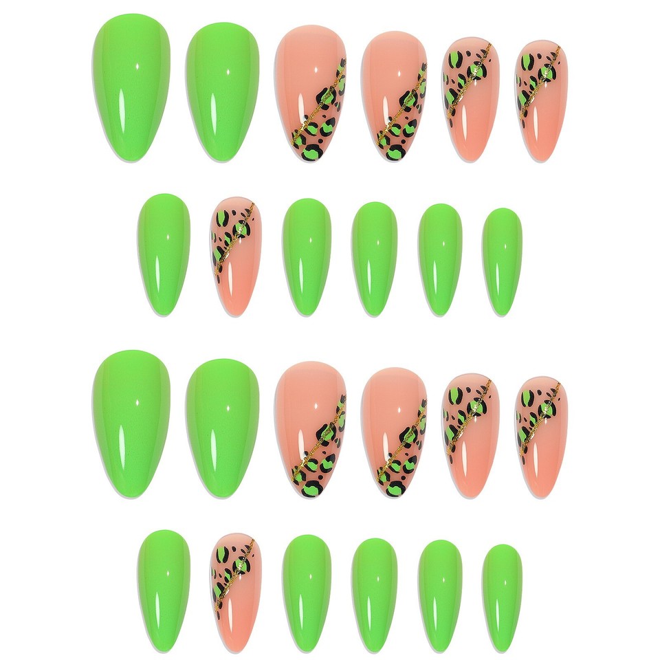 24 Pcs Press on Nails Green & Pink Leopard Print False Nail Tips Almond