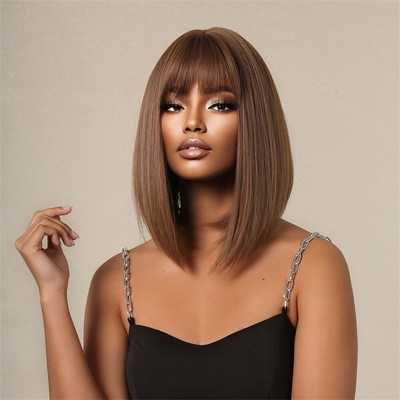 Short Straight Synthetic Wigs with Bangs Chestnut Brown Bob  display picture 2