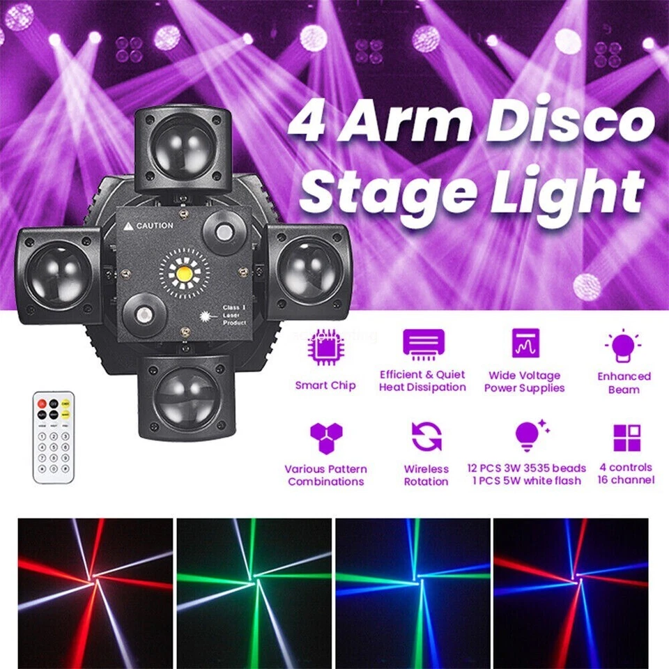 Remote New DJ LED Beam Stage Disco Party Show Light Four Arms LED Laser Lighting - Image 4 of 4