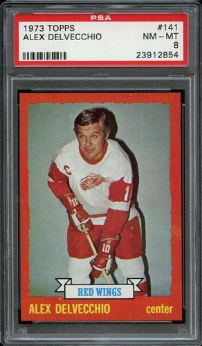 1973-74 TOPPS #141 ALEX DELVECCHIO PSA 8 RED WINGS HOF *DS12144